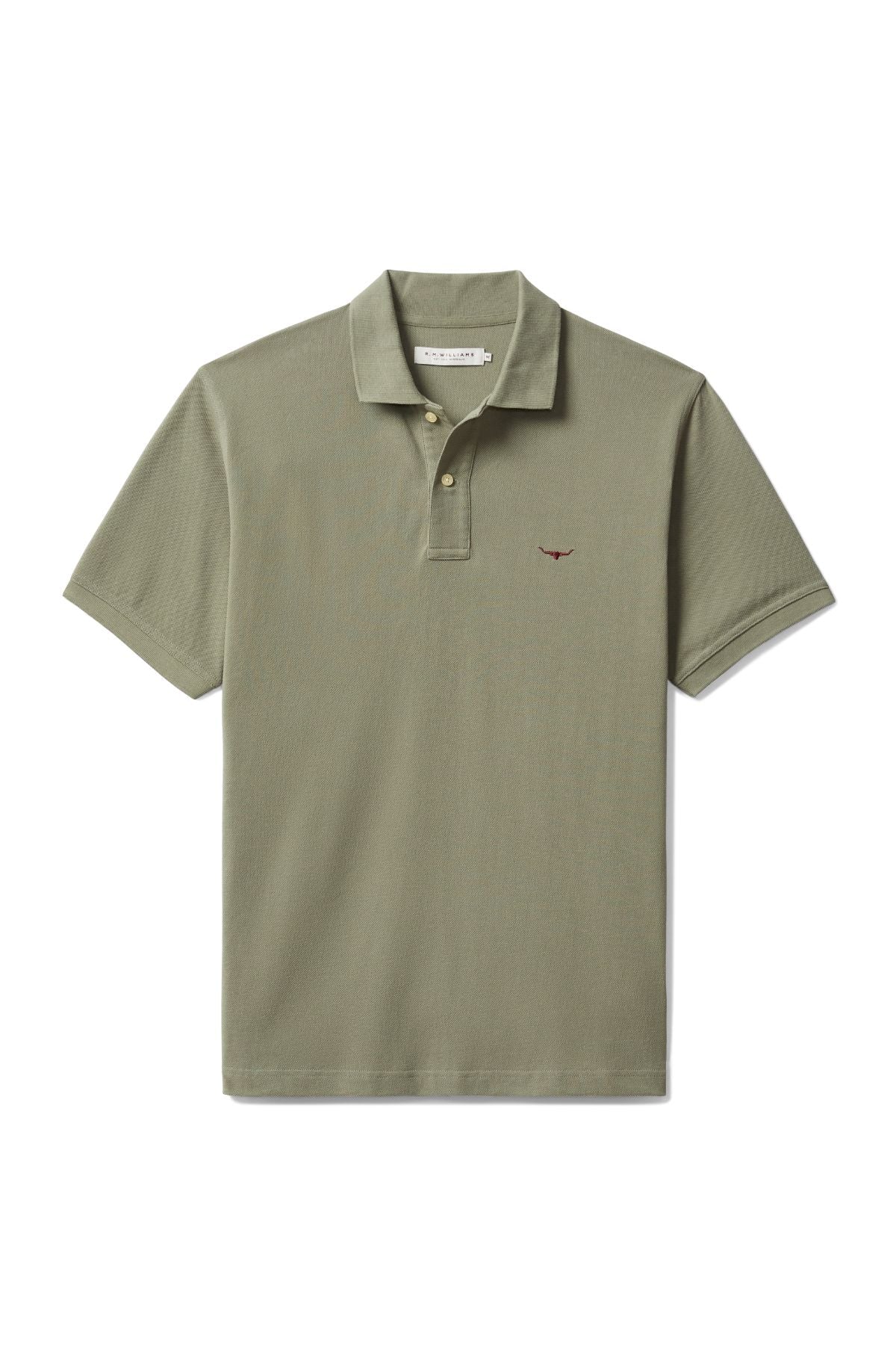 The RM Williams Rod Polo is an olive green classic made from organic cotton pique with short sleeves, a collar, and a small Longhorn embroidery on the left chest, shown against a plain white background.