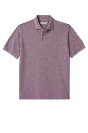 The RM Williams Rod Polo is a short-sleeved, light purple cotton shirt with a classic collar and three-button neckline, made from breathable pique fabric and shown laid flat on a white background.