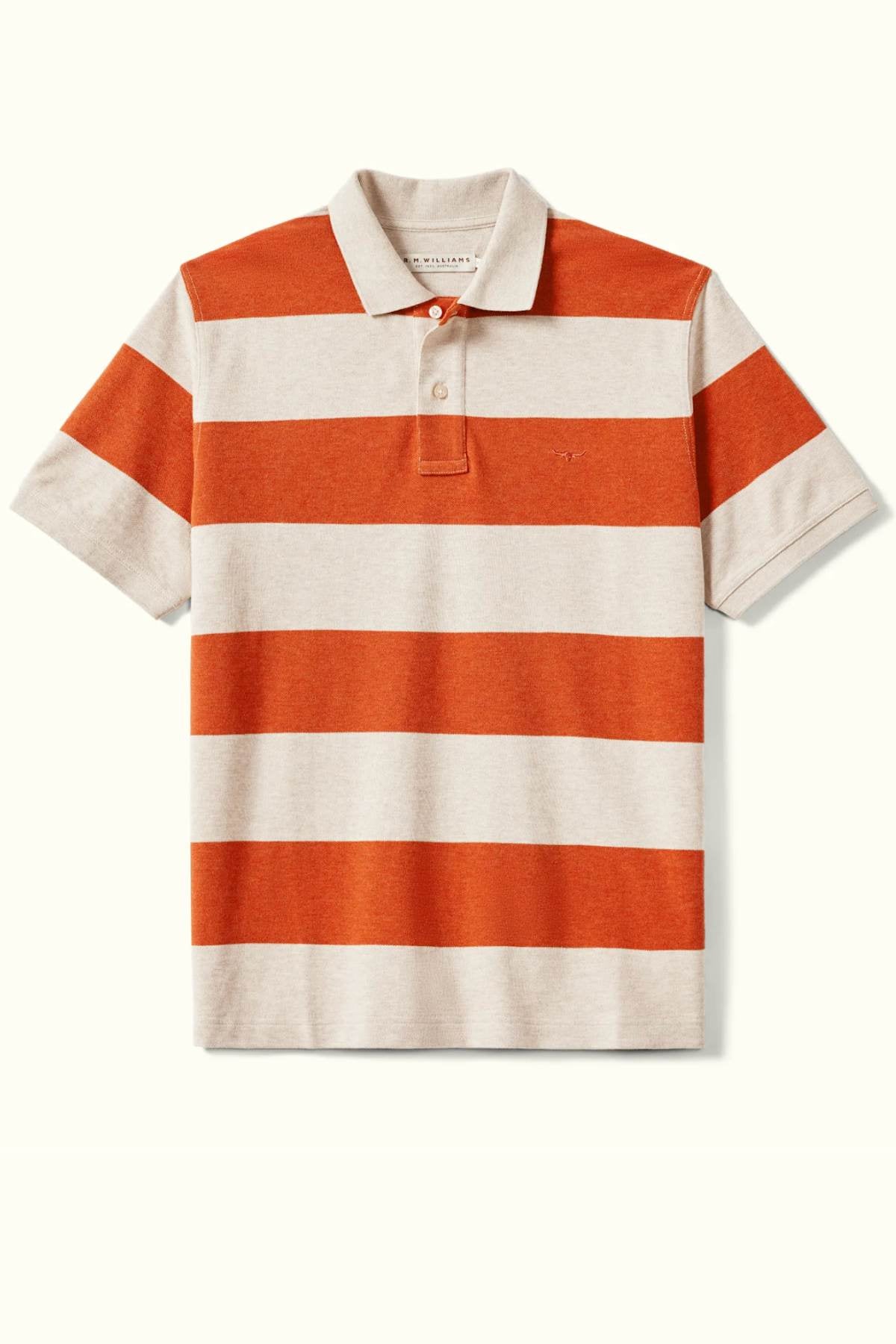 The RM Williams Rod Polo is a short-sleeve shirt made from organic cotton, showcasing wide horizontal stripes in orange and beige with a classic fit.