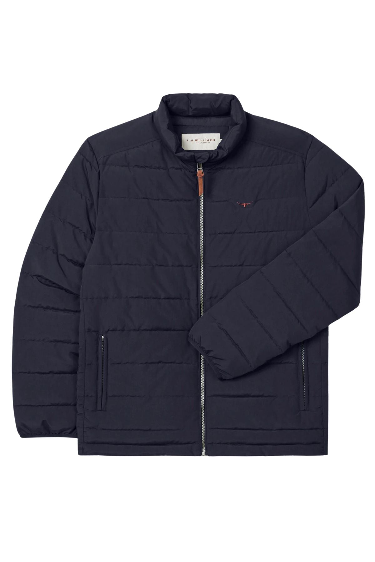 The RM Williams Rydal Padded Jacket in navy blue features recycled nylon, quilted detailing, a front zip, two side pockets, a stand collar, and an embroidered logo on the left chest. One sleeve is neatly folded across the front.