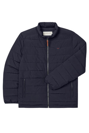 The RM Williams Rydal Padded Jacket in navy blue features recycled nylon, quilted detailing, a front zip, two side pockets, a stand collar, and an embroidered logo on the left chest. One sleeve is neatly folded across the front.