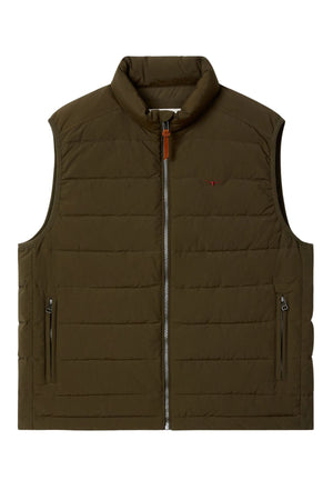 The RM Williams Rydal Padded Vest is a sleeveless olive green vest crafted from recycled nylon, featuring quilted filling, a front zipper, two zippered side pockets, an embroidered chest logo, and a stand-up collar.