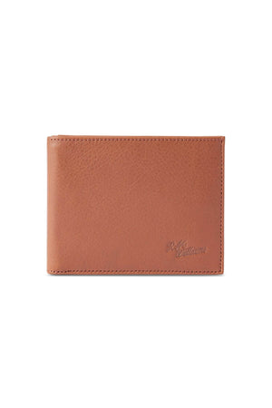 The RM Williams Singleton Bi-fold Wallet is a slimline accessory crafted from premium natural milled leather. It features a smooth texture, stitched edges, and an embossed signature in the lower right corner. With RFID protection, it is set against a plain white background for added elegance.