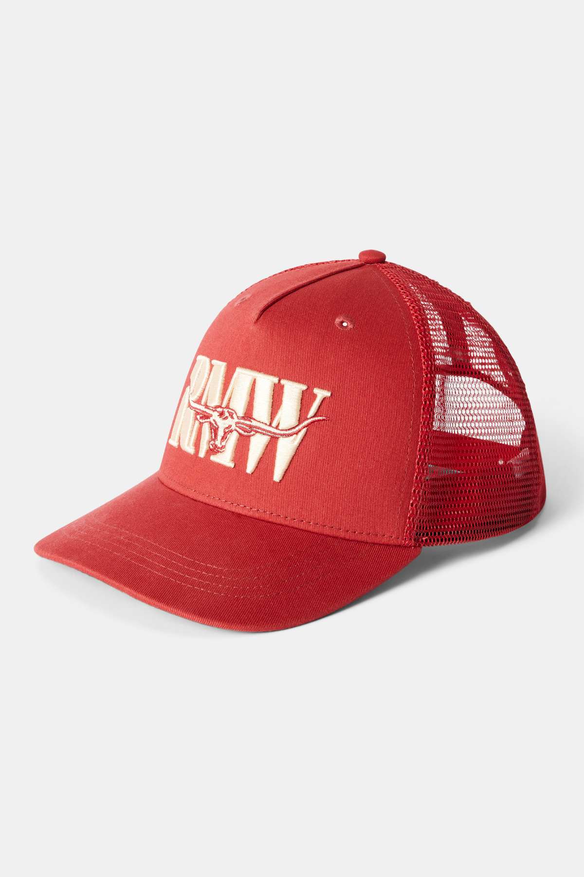 RM Williams Steers Head Trucker Cap in red, designed with a breathable mesh back and featuring an embroidered white "R A W" logo on the front along with a small steer skull illustration at the center.