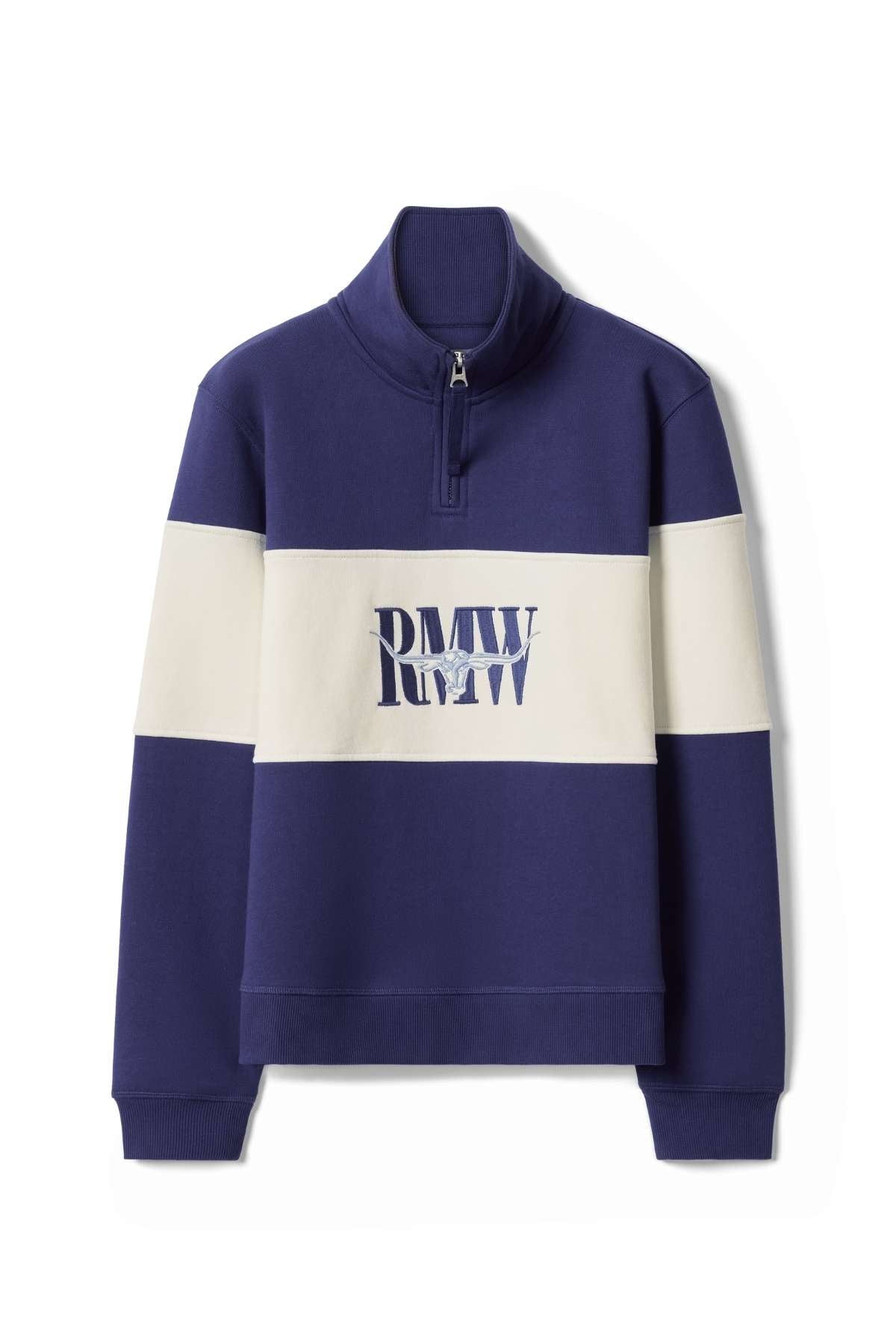 The RM Williams Trickett Panel Sweatshirt is a navy blue pullover with a white chest and sleeve stripe, half-zip collar, and bold "RMW" lettering on the front.