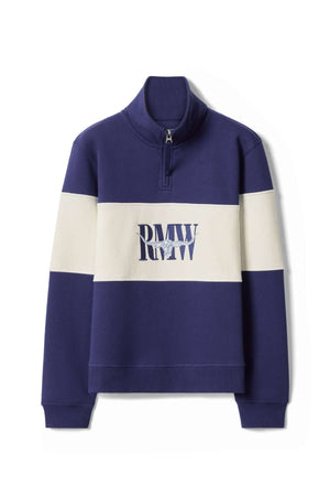 The RM Williams Trickett Panel Sweatshirt is a navy blue pullover with a white chest and sleeve stripe, half-zip collar, and bold "RMW" lettering on the front.