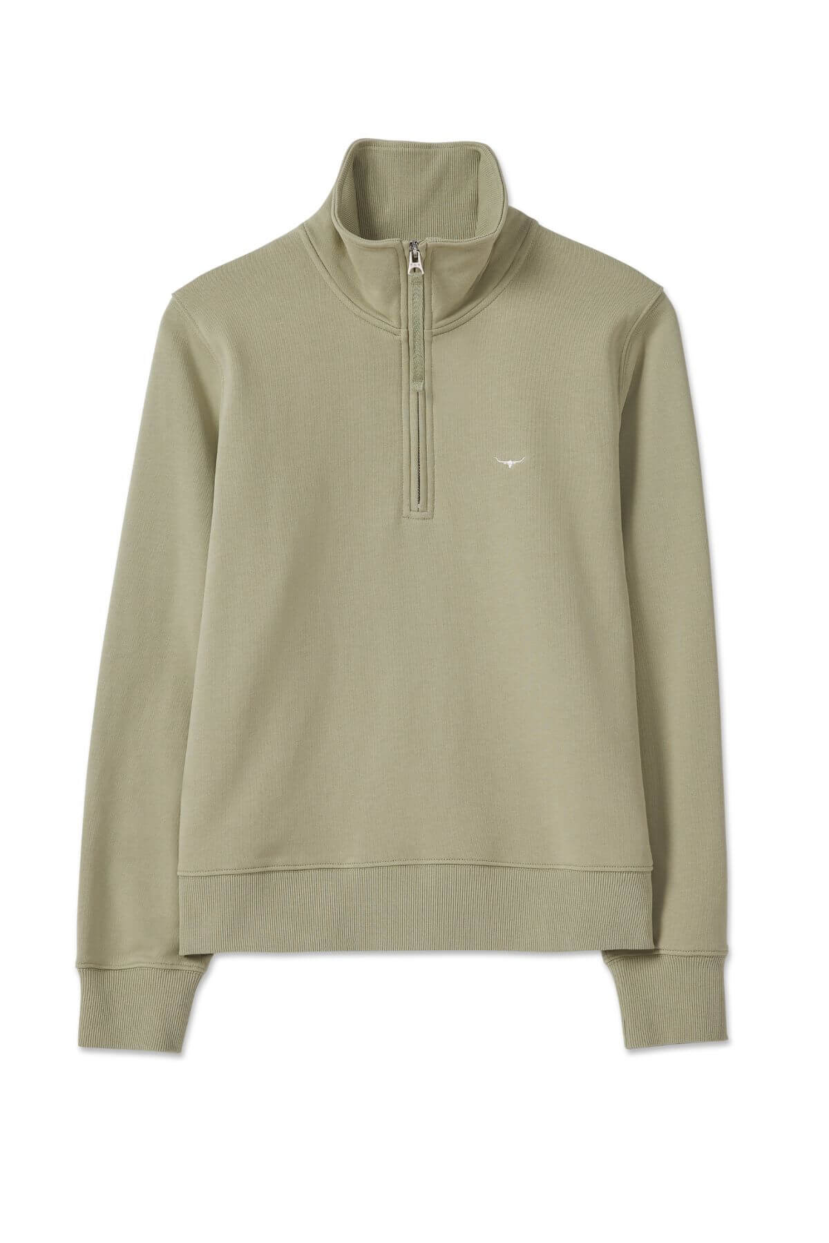 The RM Williams Trickett Zip Neck Sweatshirt in light olive green is made from cotton terry, featuring a high collar, longhorn embroidery on the left chest, ribbed fabric with silver zipper accents, and ribbed cuffs showcased on a white backdrop.