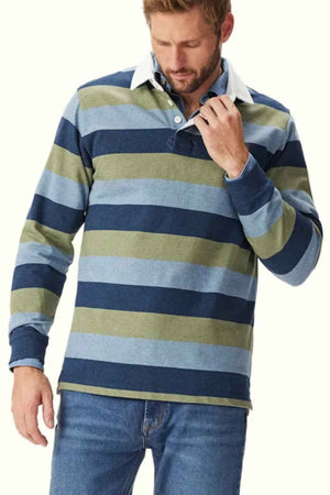 RM Williams Tweedale Rugby in the colour Blue/Green. Front view of model wearing rugby.