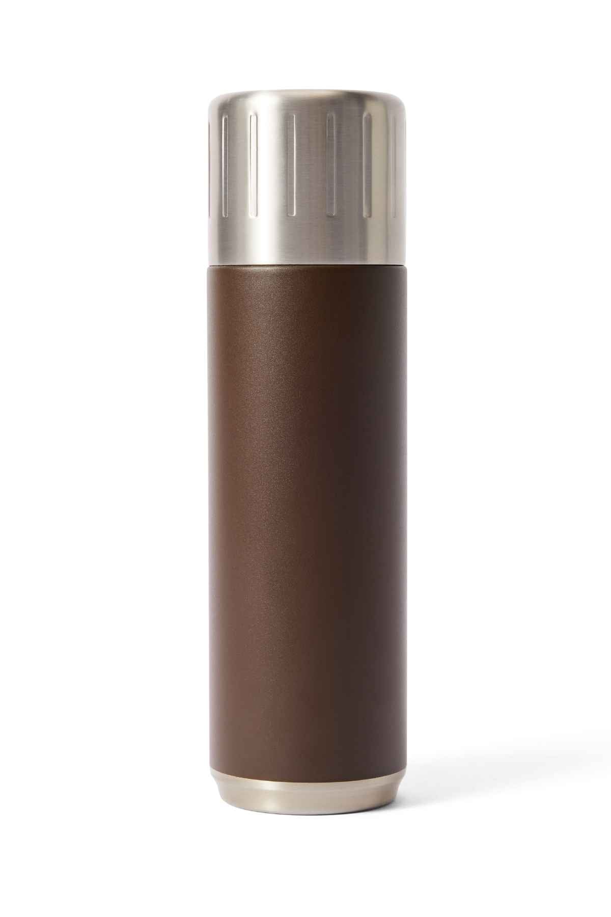 The RM Williams Vacuum Flask is a tall cylindrical thermos with double-wall vacuum insulation, a silver grooved grip lid, and stainless steel finish, set against a white background.