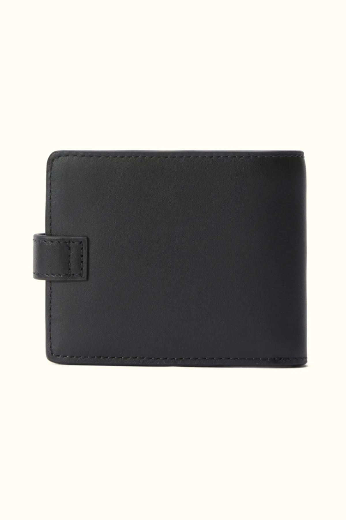 The RM Williams Wallet with Pocket and Tab is shown closed in black Yearling leather, featuring a snap tab closure and visible edge stitching, set against a plain light background.