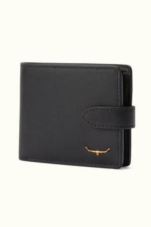 The RM Williams Wallet with Pocket and Tab is a black leather wallet featuring a snap closure and a small gold longhorn emblem in the lower right corner, displayed against a plain, light background.