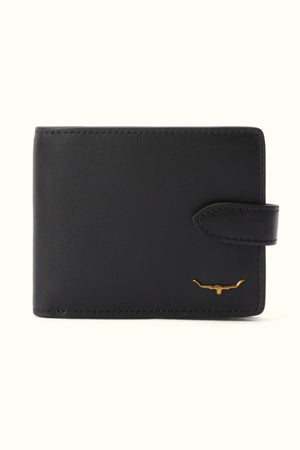 The RM Williams Wallet with Pocket and Tab is a black wallet made from premium yearling leather, featuring a snap closure and a gold longhorn emblem in the bottom right corner. Shown on an off-white background.