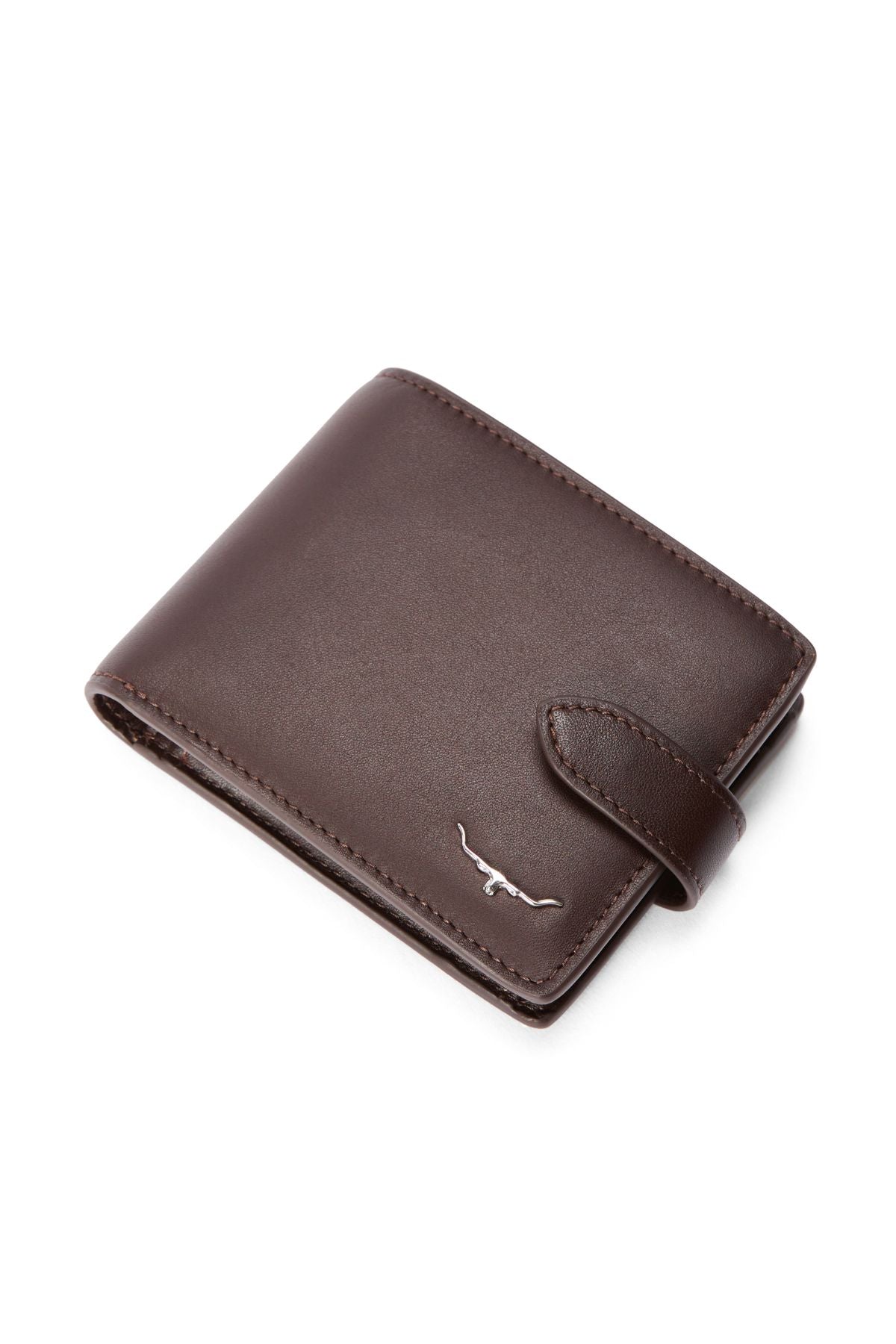 The RM Williams Wallet with Pocket and Tab is a closed, dark brown full-grain leather wallet with a strap and small silver longhorn logo on the front, offering multiple card slots for organization.