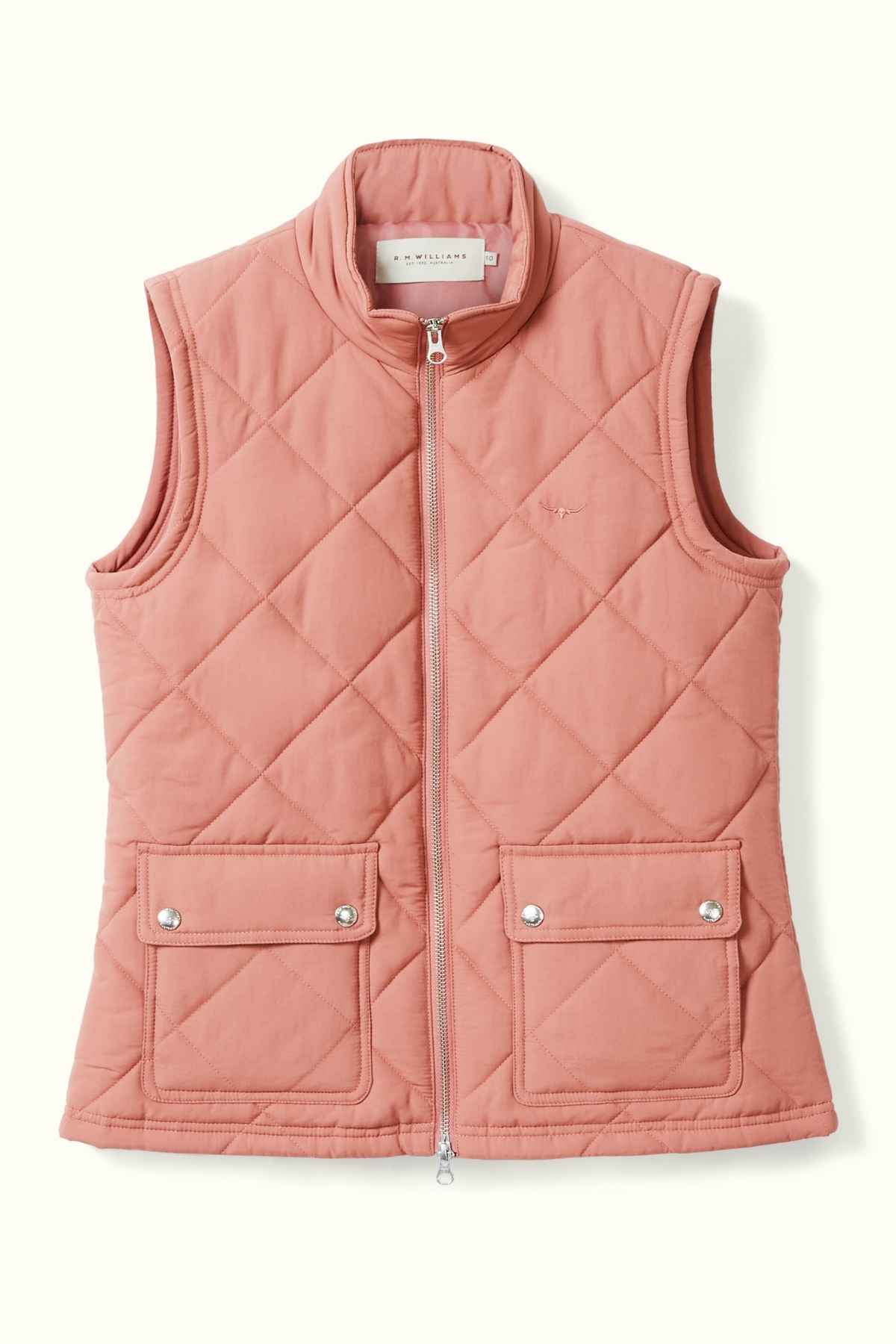 RM Williams Willippa Vest in the colour Rose. Front angle of vest
