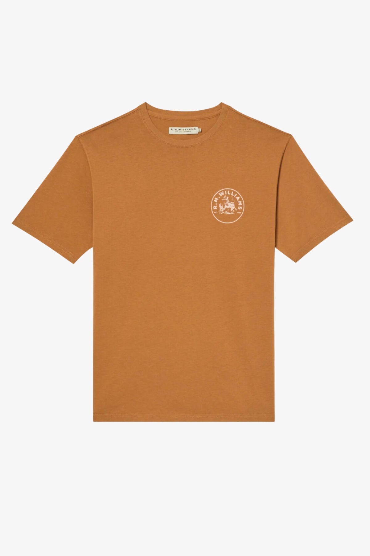 The RM Williams Wondai T-Shirt is a brown, short-sleeve top crafted from lightweight cotton jersey, featuring a minimalist illustration encircled by graphic text and a small white circular logo on the left chest.