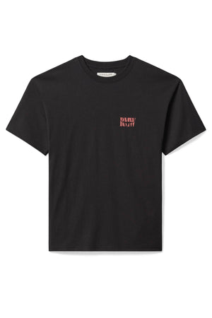 The RM Williams Branded T-Shirt is a relaxed fit black short-sleeve tee made from organic cotton jersey, with a small red "DAILY" logo on the left chest, displayed flat on a white background.