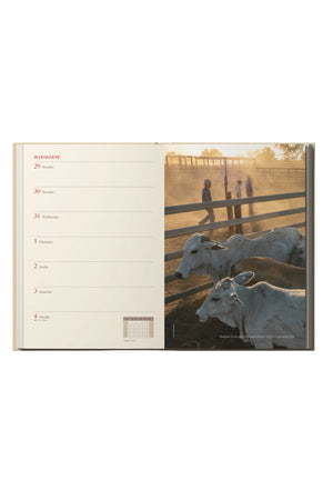 The RM Williams Outback Diary 2024 is a high-quality hardcover planner that features a weekly calendar on the left and an evocative sunset photo of cattle near a fence with two people in the background on the right.