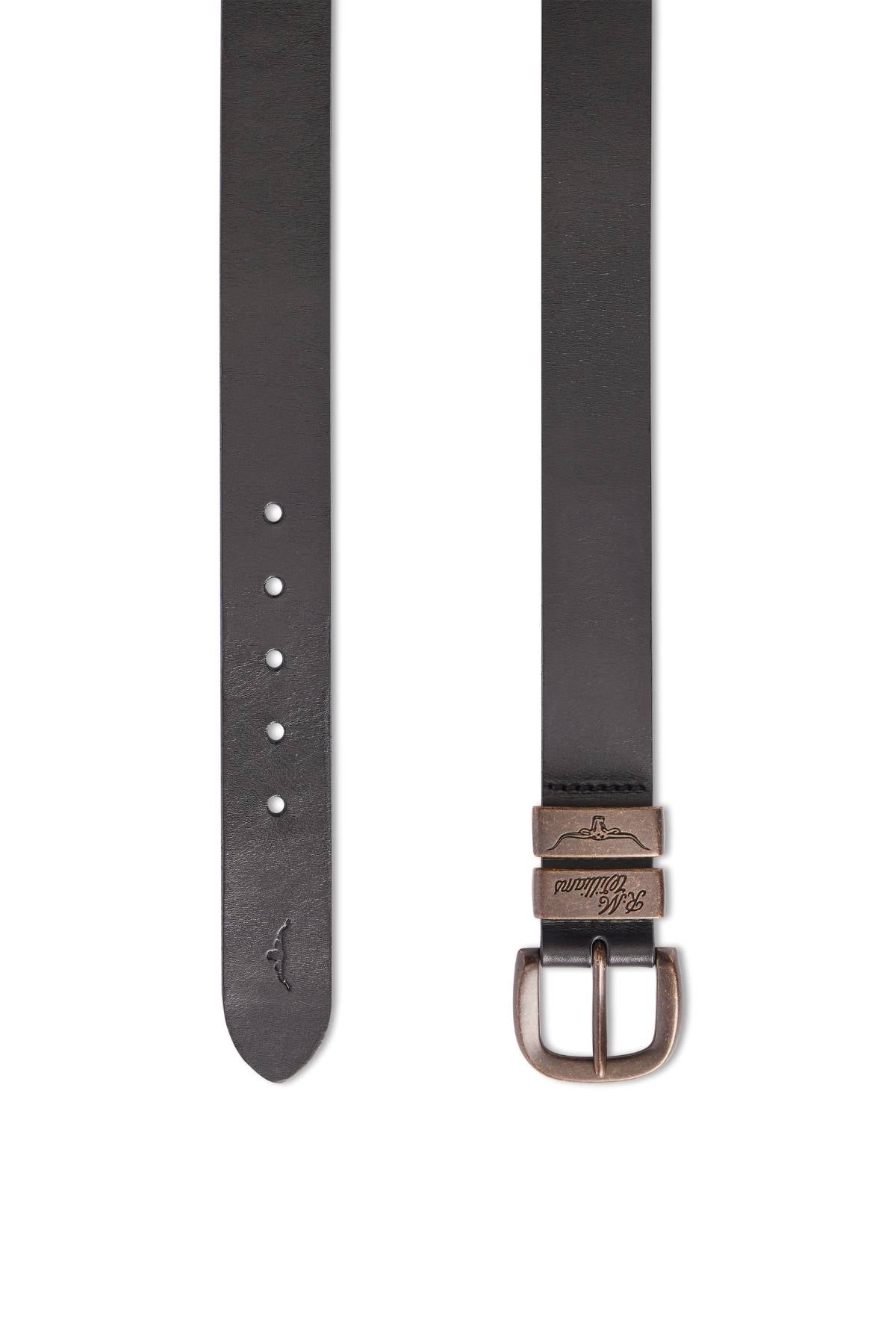 The RM Williams Drover Belt in black features premium pull-up leather, a metal buckle, double keepers, multiple adjustment holes, and subtle branding near the tip and buckle, shown on a white background.