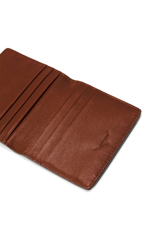 Top view of the RM Williams Farrier Fold Cardholder in full grain leather, featuring multiple card slots, displayed on a white background.