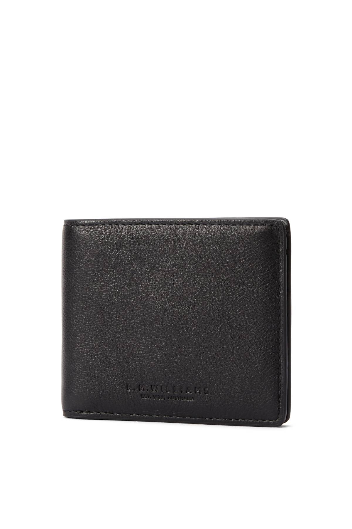The RM Williams Farrier Slim Bi Fold Wallet is crafted from black full grain leather with a subtle textured finish. "R.M.WILLIAMS" is embossed near the bottom front, and it features practical card slots. Shown on a plain white background.