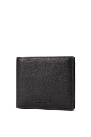 The RM Williams Farrier Slim Bi Fold Wallet is crafted from black full grain leather with a subtle textured finish. "R.M.WILLIAMS" is embossed near the bottom front, and it features practical card slots. Shown on a plain white background.