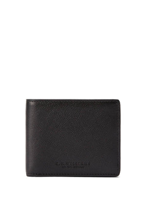 The RM Williams Farrier Slim Bi Fold Wallet is crafted from black full grain leather with a subtle grain texture, minimal stitching, multiple card slots, and "R.M.Williams" embossed near the bottom center.