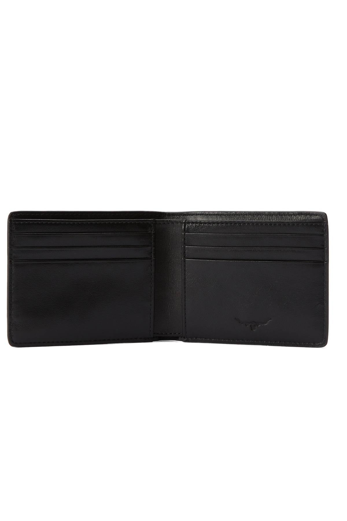 The RM Williams Farrier Slim Bi Fold Wallet in black full grain leather features six card slots and a plain interior, displayed on a white background.