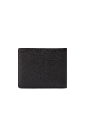 The RM Williams Farrier Slim Bi Fold Wallet is a closed, black leather wallet with a minimalist design and card slots, displayed on a plain white background.