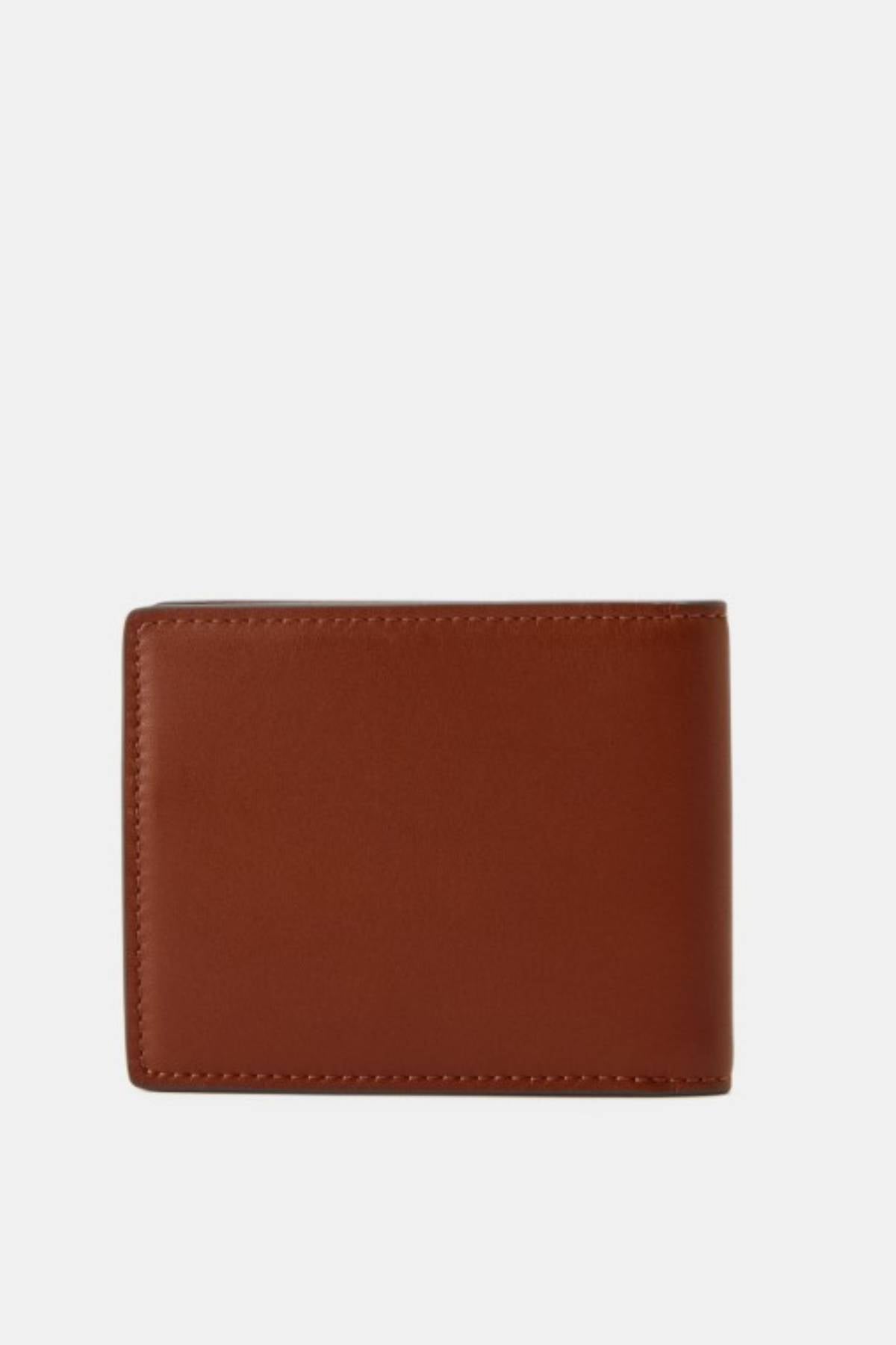 The RM Williams Farrier Slim Bi Fold Wallet, made of closed brown full grain leather with visible edge stitching and multiple card slots, is displayed against a plain white background.