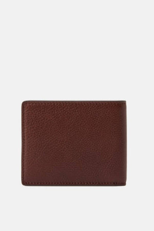 A closed, brown RM Williams Farrier Slim Bi Fold Wallet made from full grain leather with a textured finish and card slots, photographed on a plain white background.