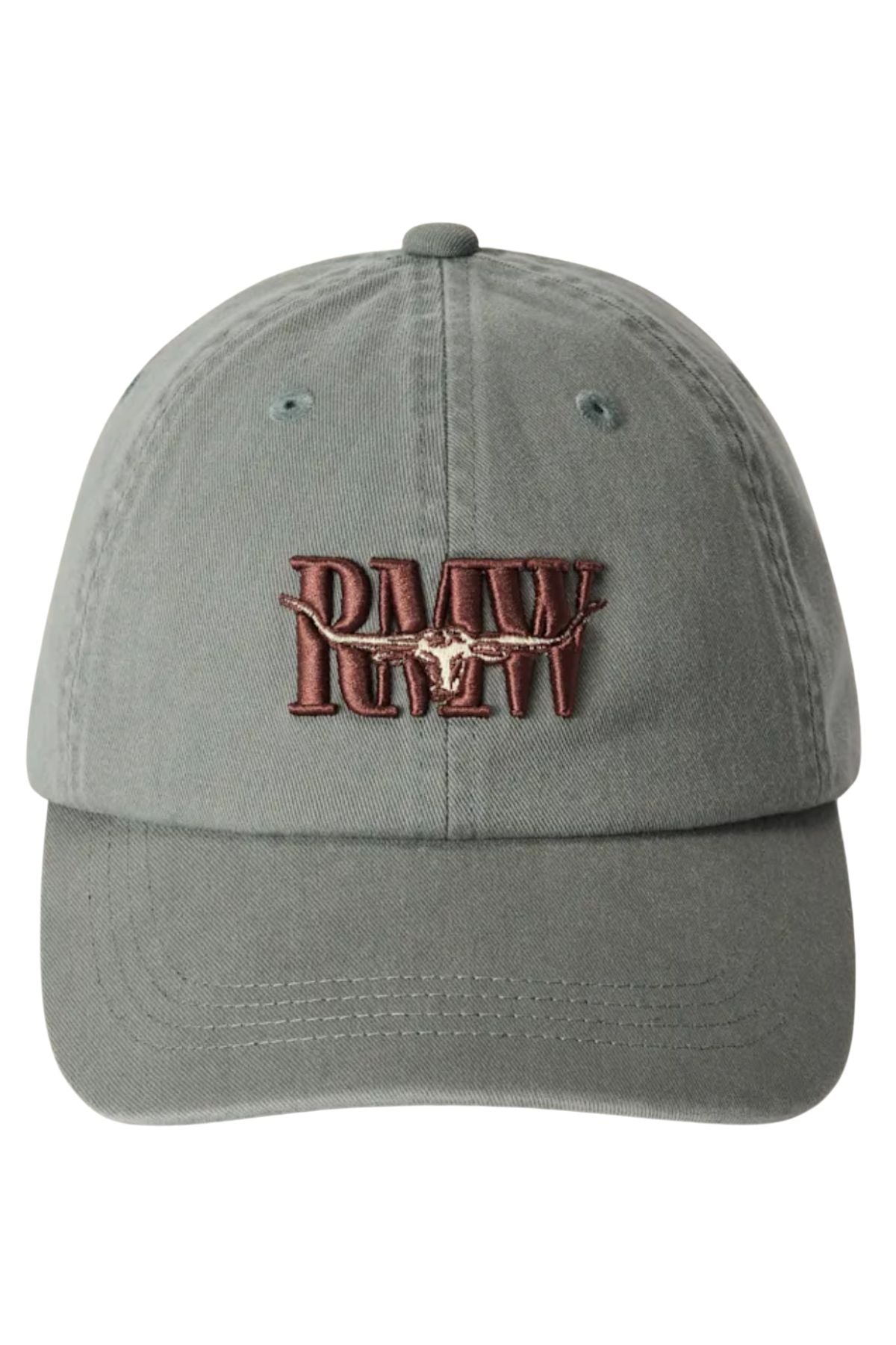The RM Williams Heritage Twill Cap features a green design with "RMW" and a horned cattle skull embroidered in brown and tan, made from organic cotton and finished with an adjustable strap for a perfect fit.