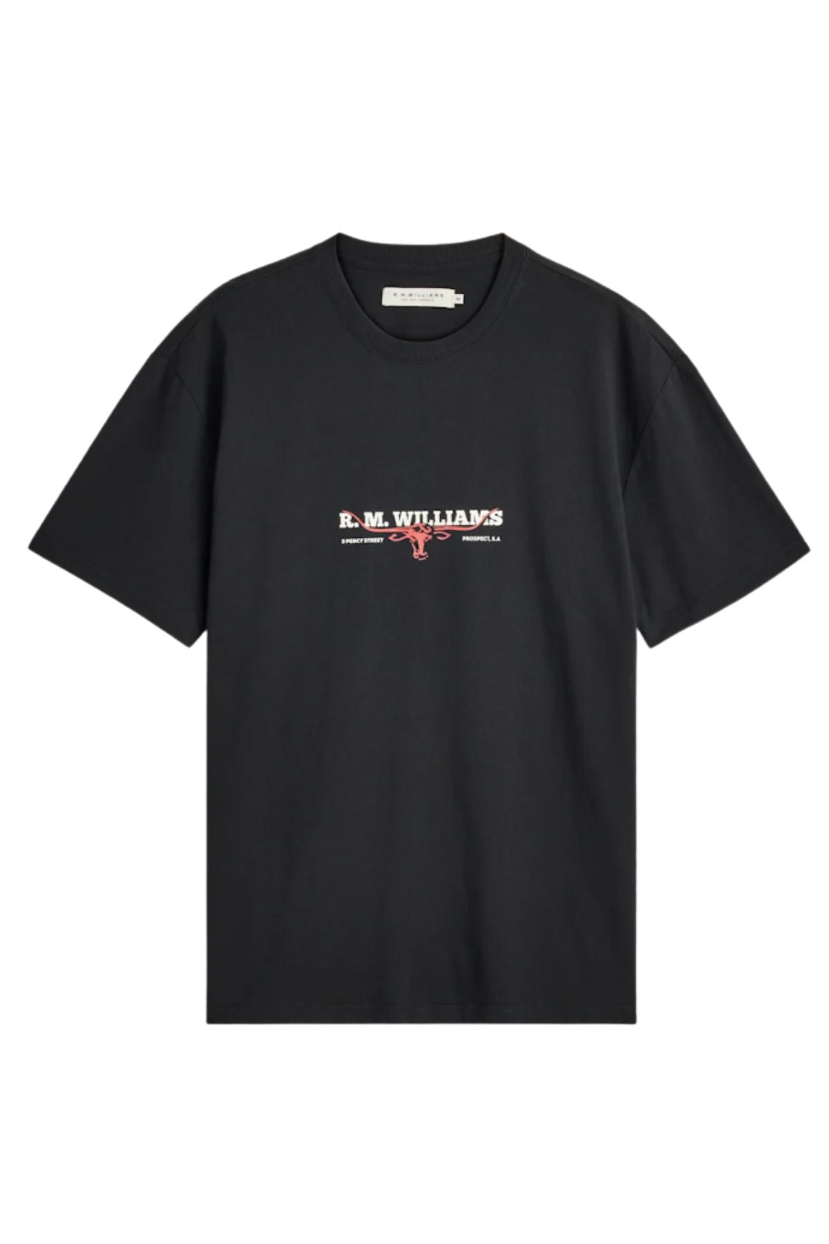 The RM Williams Holt Tee is a black, relaxed fit t-shirt crafted from Australian cotton, showcasing “R.M. WILLIAMS” text and a small bull logo in white and red as a branded chest print. The tee is displayed against a white background.