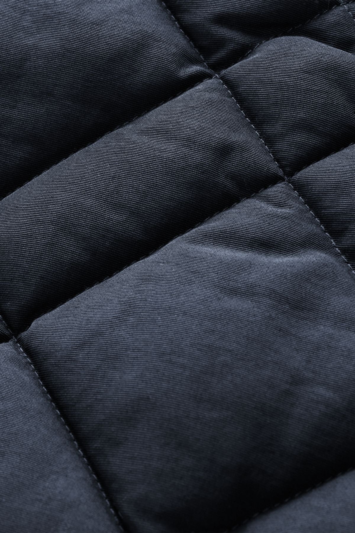 Close-up of the black quilted fabric on the RM Williams Ikara Vest, with visible stitching forming square padded sections. The texture appears soft and thick, typical of slim fit vests and outerwear.