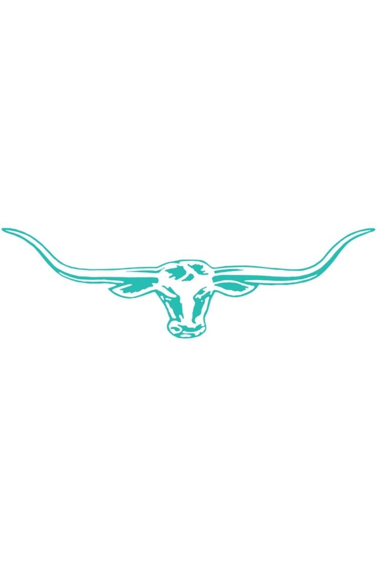The image showcases the RM Williams Longhorn 70cm Decal Sticker in Aqua, featuring a stylized longhorn steer head with prominently elongated horns extending outward. The teal design stands out against a white background, embodying the iconic RM Williams aesthetic and making it an ideal bold statement piece.