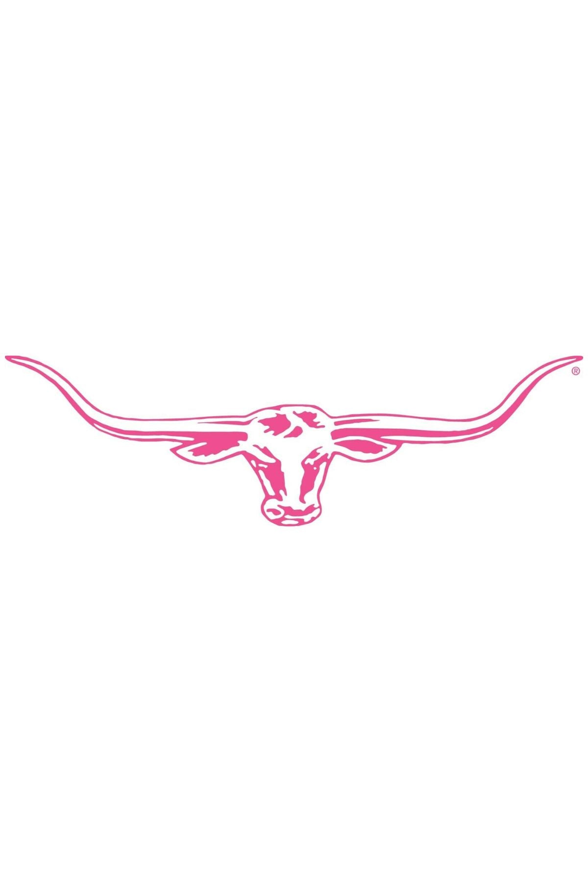 The RM Williams Longhorn 70cm Decal Sticker in Pink features a stylized longhorn steer head with extended horns, depicted in a solid pink color on a white background. This eye-catching decal adds a bold touch to any surface, embodying the spirit of RM Williams' rugged elegance.
