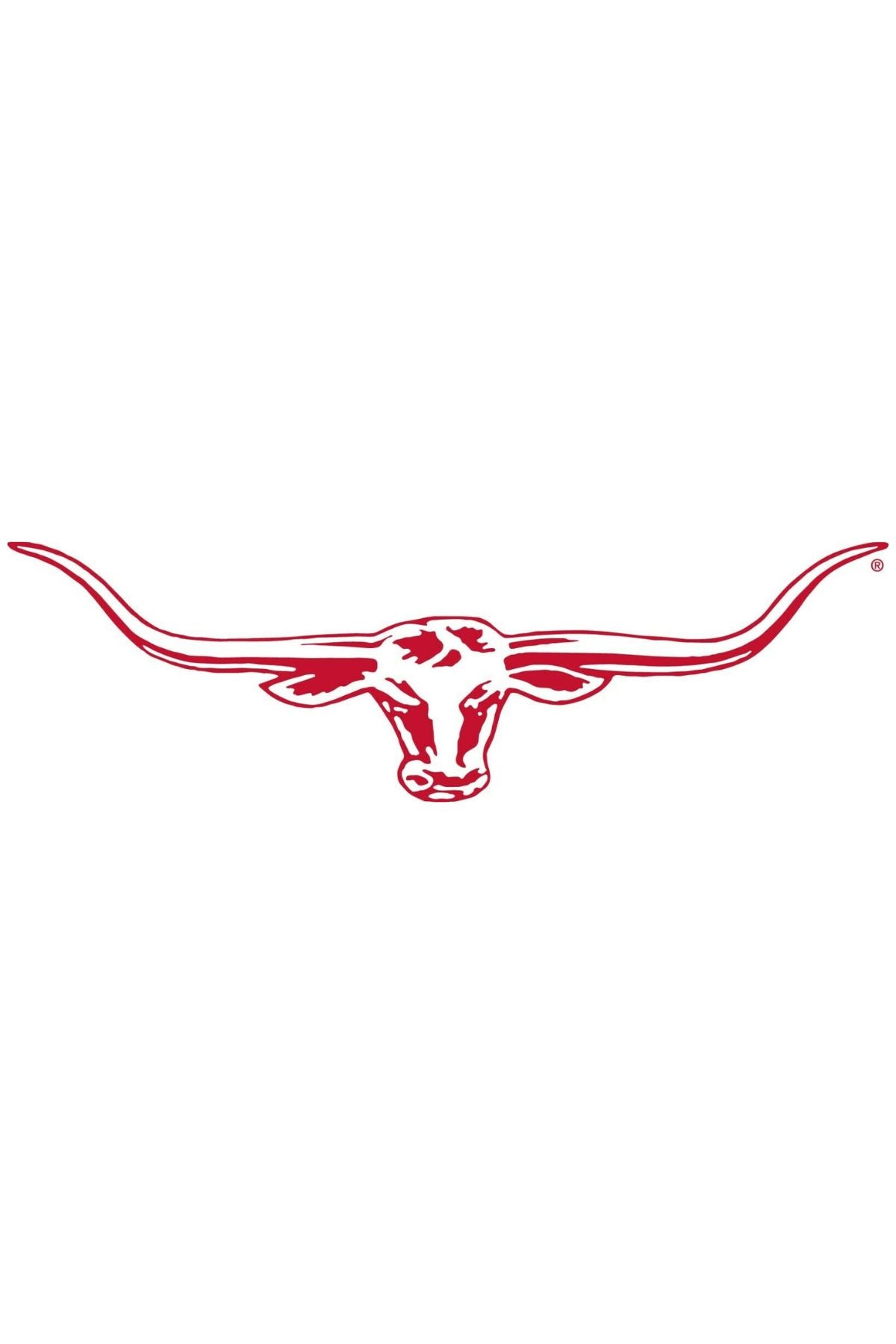 A red outline illustration of a longhorn steer head, viewed from the front, with long, curved horns extending horizontally on each side. Reminiscent of the iconic RM Williams Longhorn 70cm Decal Sticker - Red design. The background is white.
