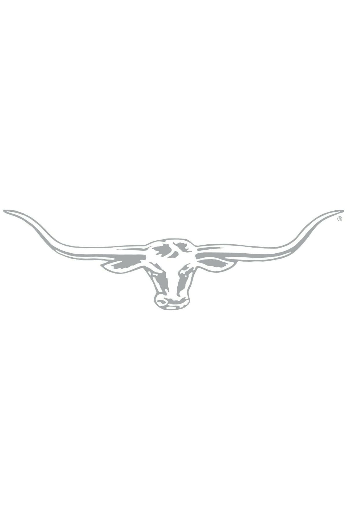 A stylized depiction of a longhorn steer head with elongated, curved horns extending outward, represented in a minimalist design akin to the RM Williams Longhorn 70cm Decal Sticker - Silver, featuring a pale silver color set against a white background.