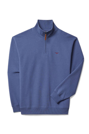 The RM Williams Mulyungarie 1/4 Zip Sweatshirt is a blue organic cotton quarter zip with a stand-up collar, cuffed sleeves, leather-accented zipper, and a small red embroidered logo on the chest.