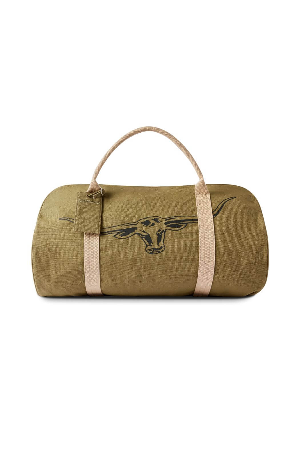 The RM Williams Nanga Canvas Bag is a khaki green weekender duffle with tan handles, a zipper, and a black outline drawing of a longhorn steer head on the front.
