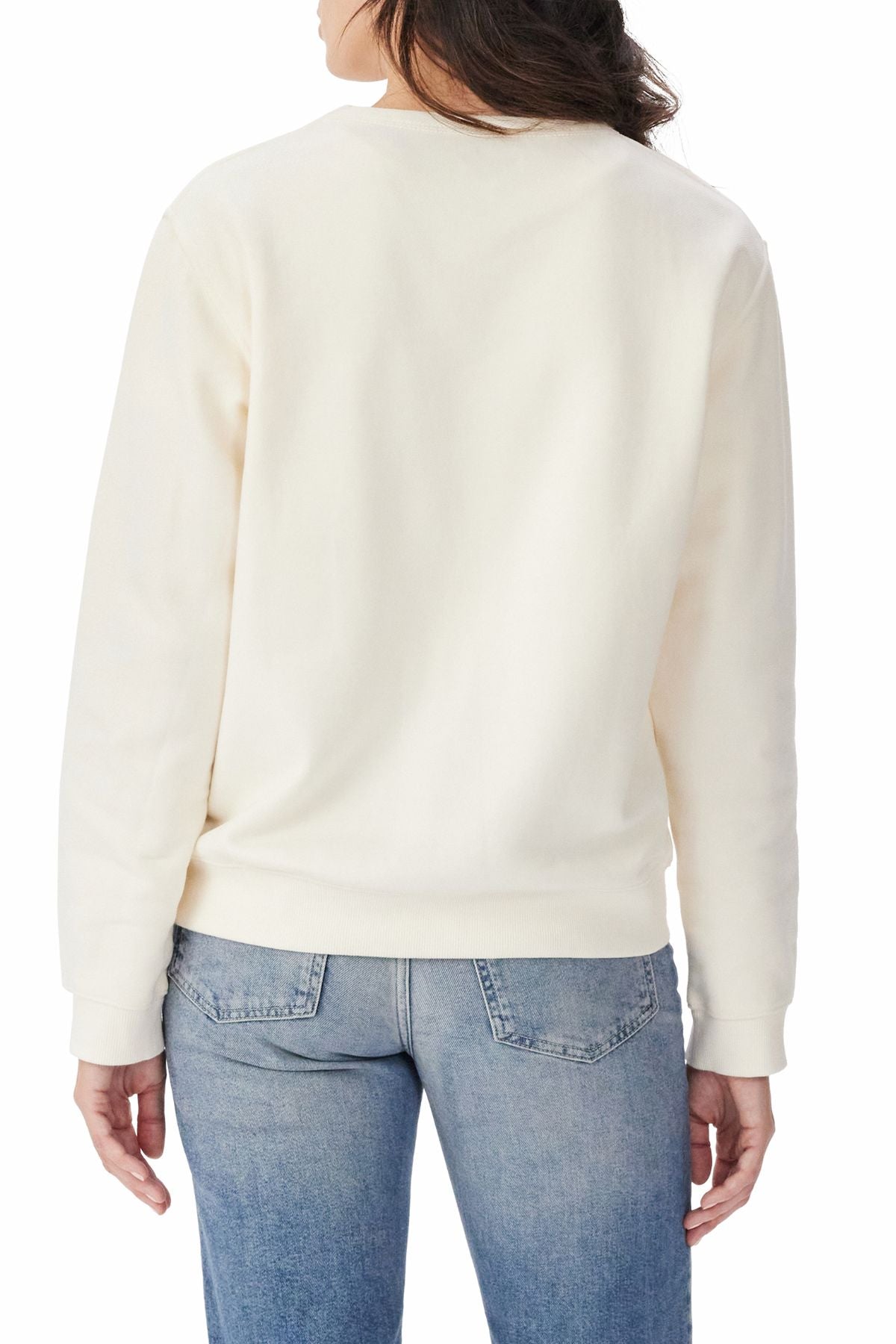 A woman is shown from the back wearing an RM Williams Retro Logo Sweatshirt in plain white with light blue jeans against a white background.
