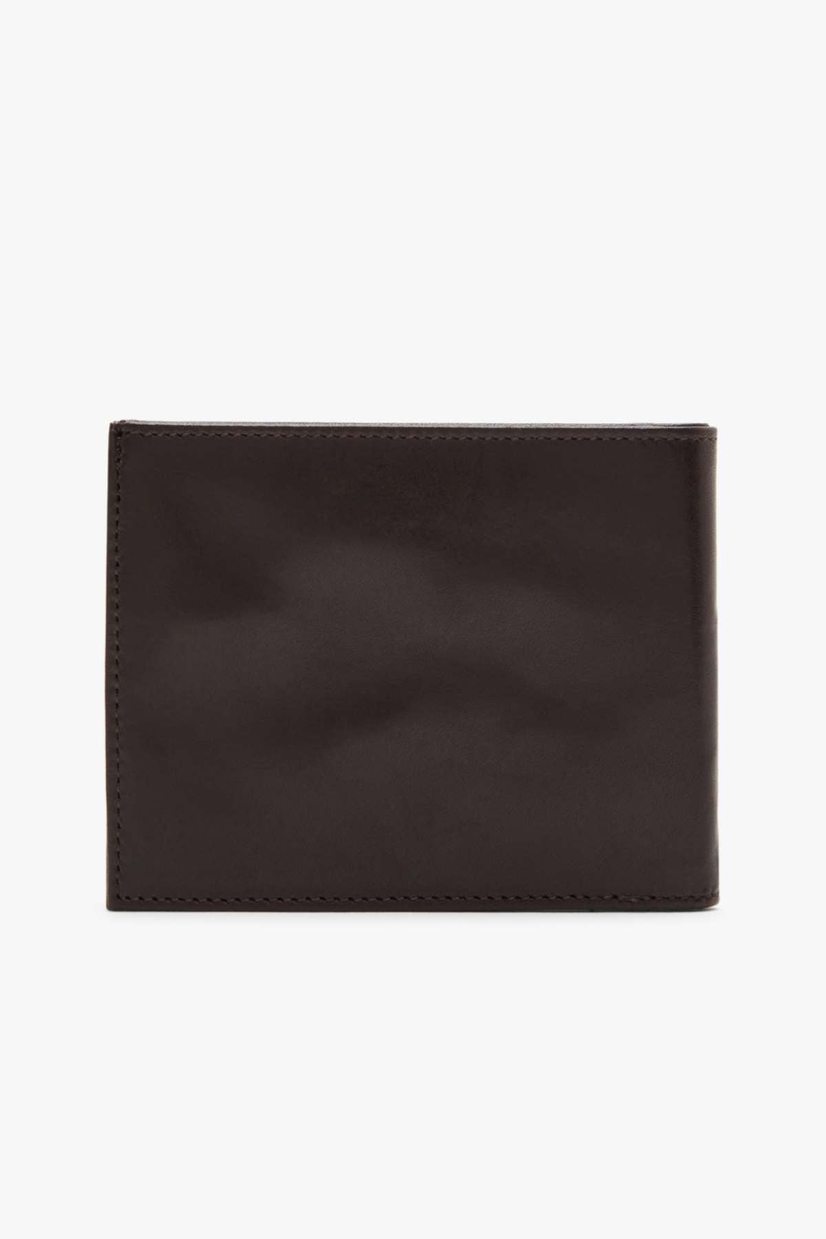 A closed RMW Singleton Wallet with Coin Pouch, made from calf leather in dark brown, showcases a sleek finish and minimal stitching, centrally displayed against a simple white backdrop. Mindfully designed with RFID protection, it keeps your cards safe and secure.