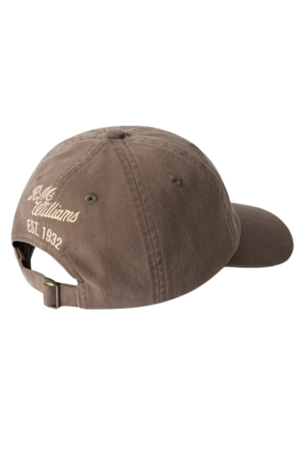 The RM Williams Longhorn Twill Cap, shown from the back, has a brown adjustable strap and beige embroidered "R.M. Williams EST. 1932" text above the strap.