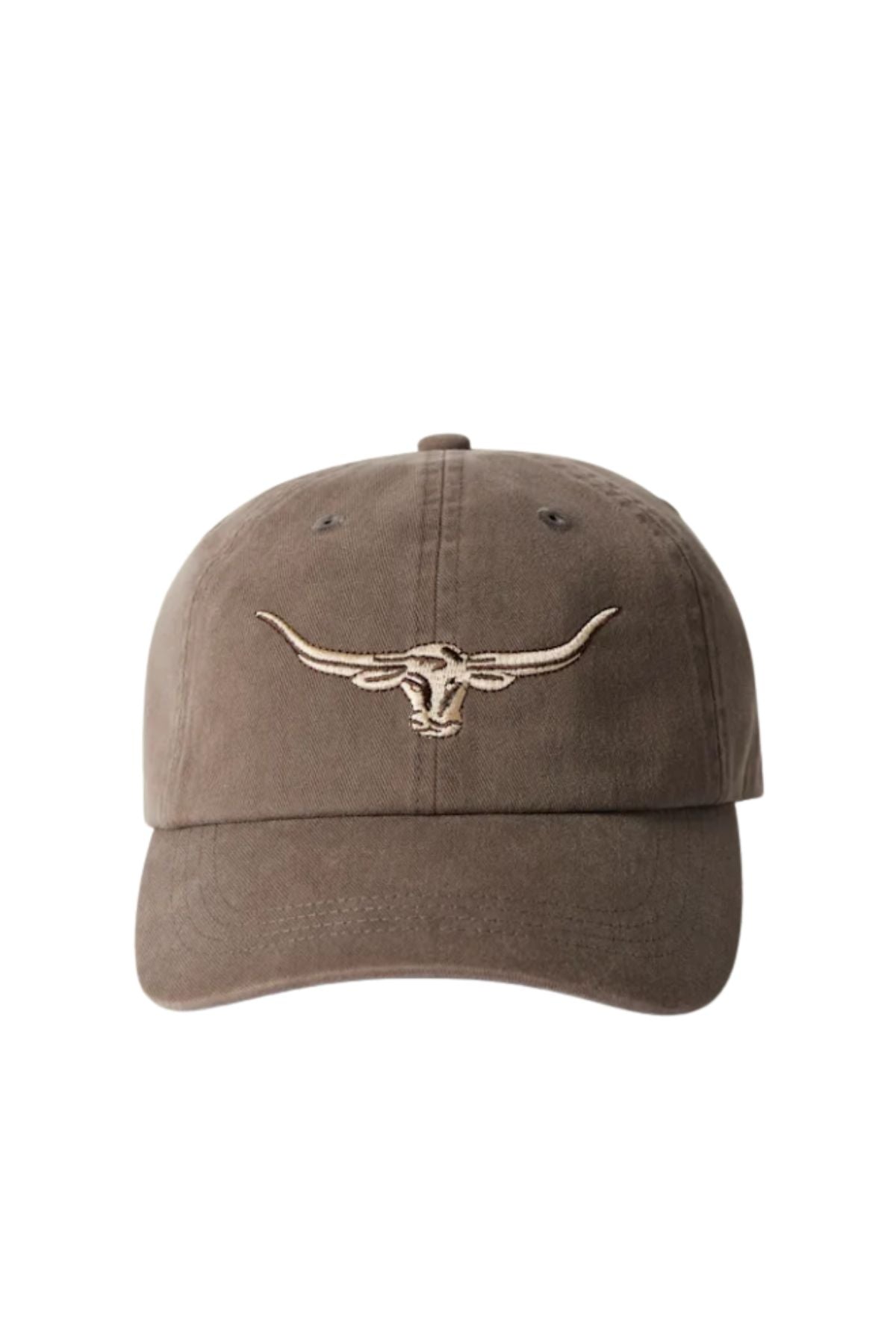 The RM Williams Longhorn Twill Cap is a brown organic cotton cap with a beige embroidered longhorn logo on the front and an adjustable strap, shown on a white background.