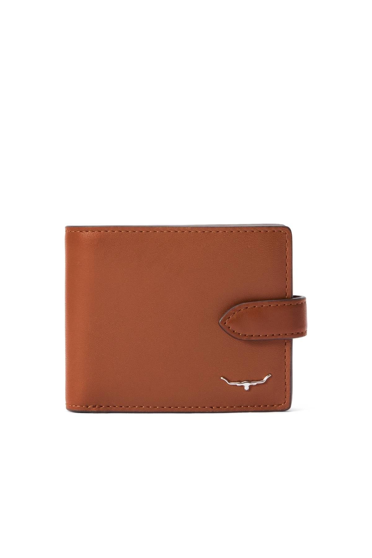 The RM Williams Wallet with Pocket and Tab is crafted from brown full grain leather, features a snap closure and a small silver bull emblem on the lower right, and is shown against a white background.
