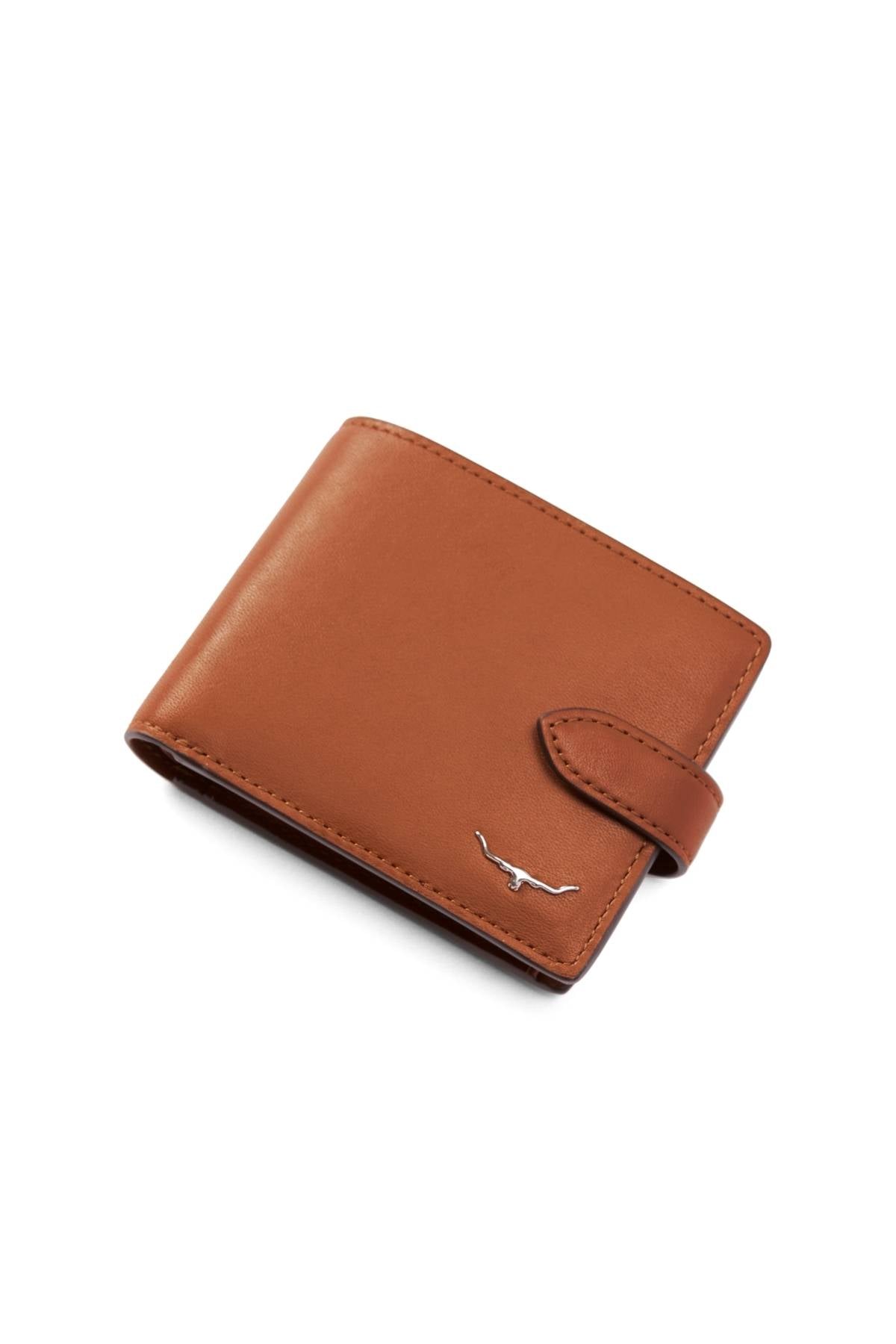 The RM Williams Wallet with Pocket and Tab, crafted from brown full grain leather with a snap closure and a small silver bull emblem in the corner, is shown against a white background.