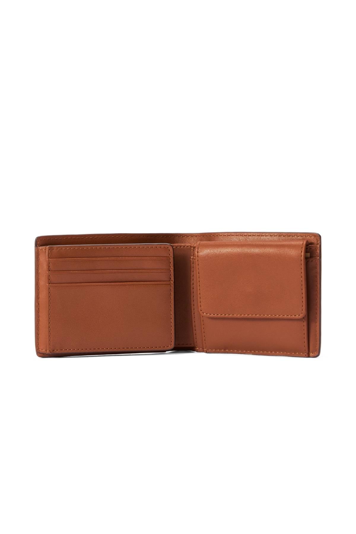 The RM Williams Wallet with Pocket and Tab features card slots on the left and a coin pouch with flap on the right, displayed against a white background.