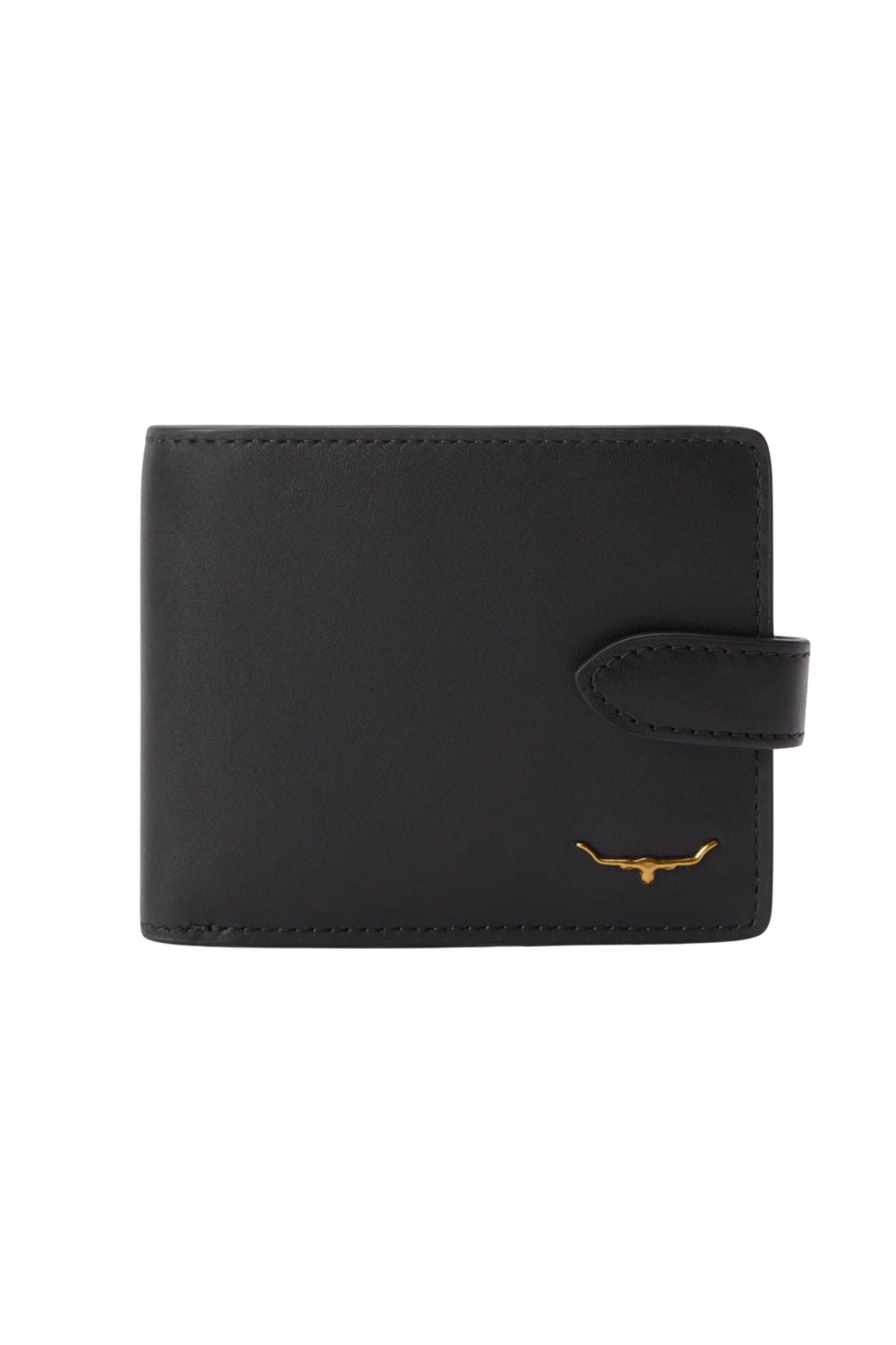 The RM Williams Wallet with Pocket & Tab is a black full grain leather wallet featuring a press stud closure and a small gold bull logo in the bottom right corner.