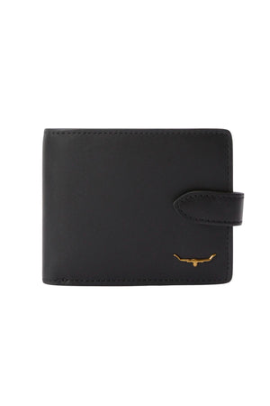 The RM Williams Wallet with Pocket & Tab is a black full grain leather wallet featuring a press stud closure and a small gold bull logo in the bottom right corner.