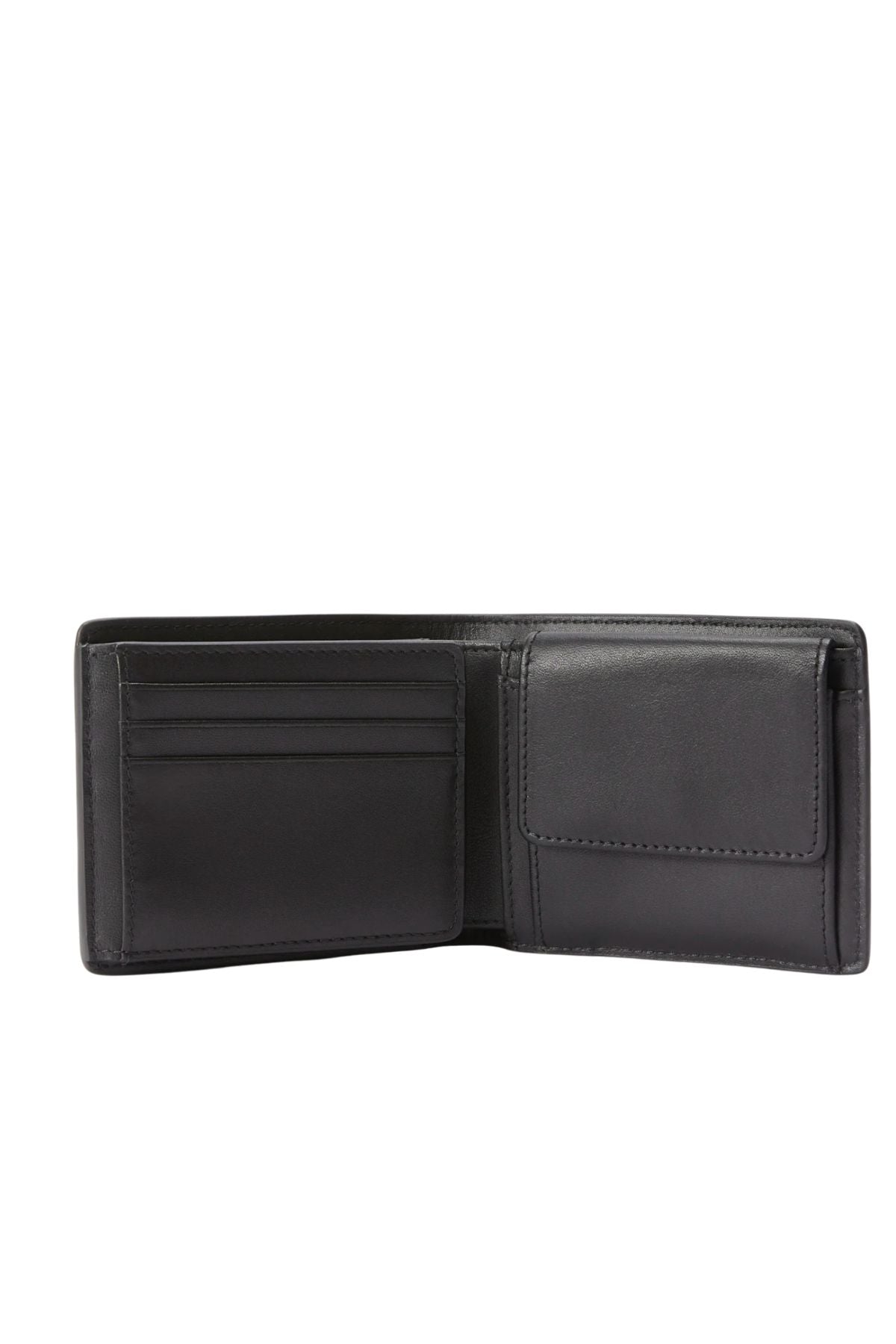 The RM Williams Wallet with Pocket & Tab is open, showcasing several card slots on the left and a coin pocket with a press stud closure on the right. The interior is kept simple and unadorned.