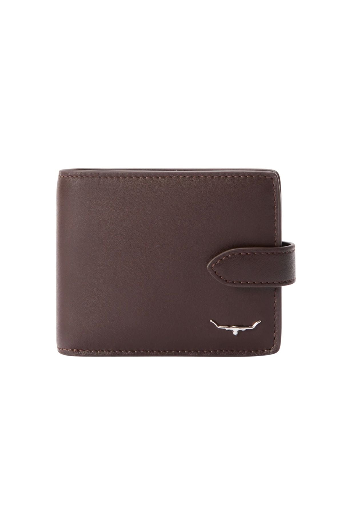 The RM Williams Wallet with Pocket & Tab is a closed full grain leather wallet featuring a press stud closure strap and a small metallic logo at the bottom right corner.